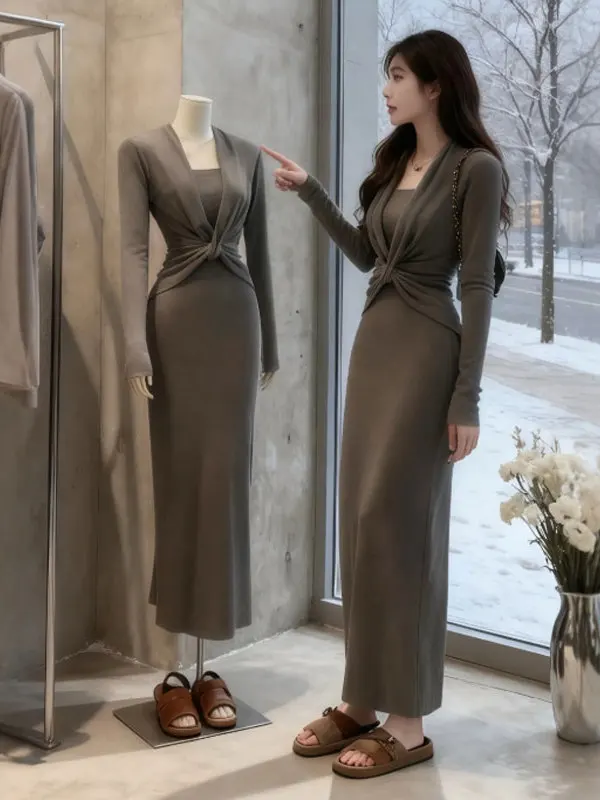 

Ele V-Ne Wrap Dr Gentle Sle Long Skirt Faionable High Waist Cotton Winter Dr for Busin Casual Date CiWalk