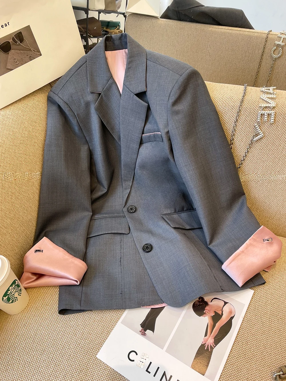 

Gray Suit Jacket Women's High-End Spring Fashion Color Block Personality Korean Style Commute Loose Fit Long Sleeve Button