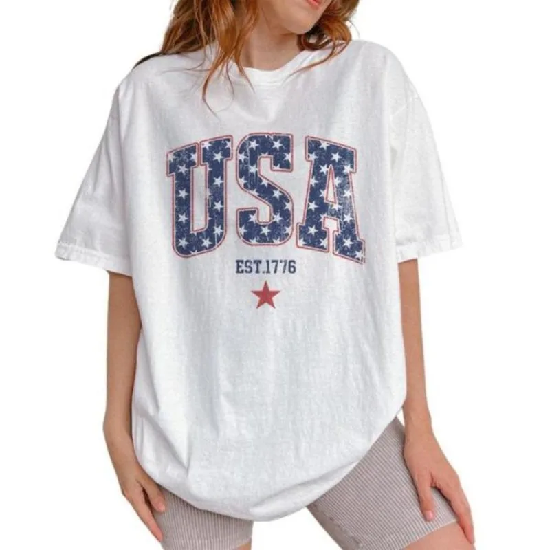 

Loose Fit Women T Shirt USA Letters with Stars Print Est 1776 Patriotic Short Sleeve Summer Top Independence Day July 4 Outfit