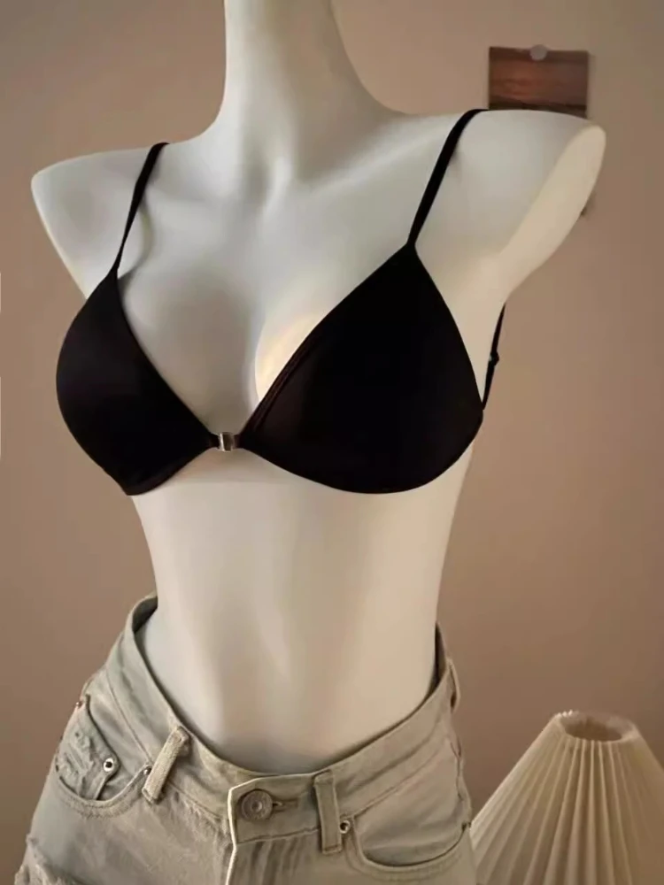 Hot Sale Women's French Ultra-Thin Bra Front Button Halter Neck Push-Up Triangular Cup Skin-Friendly for Small Chest BANERDANNI