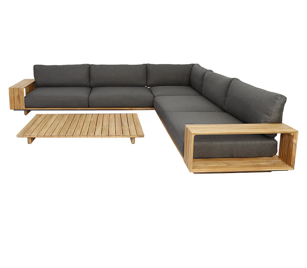 Modern Teak Wooden Sofa Outdoor Double Chaise Lounge Sets Grey & Black Patio Sofas Outdoor Furniture