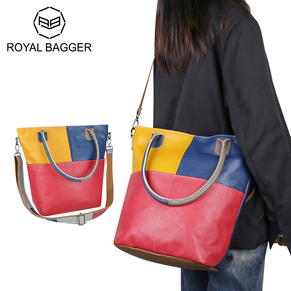 Royal Bagger Large Capacity Color Tote Bags for Women Genuine Leather Shoulder Crossbody Bag Casual Underarm Handbag 2740