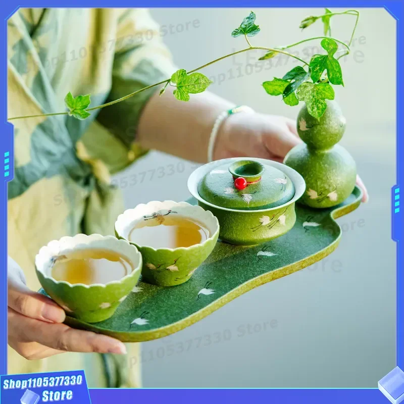 High End Light Luxury Ceramic Kung Fu Tea Set Small Green Orange Crane Dance Pattern Teacup Cover Bowl Office Tea Making