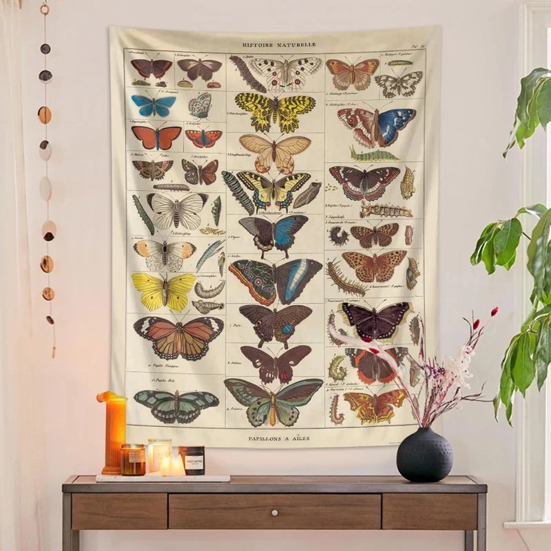 VIKAMA Retro Butterfly Specimen Tapestry Wall Hanging Vintage Natural Science Design Aesthetic Backdrop for Bedroom Wall Decor