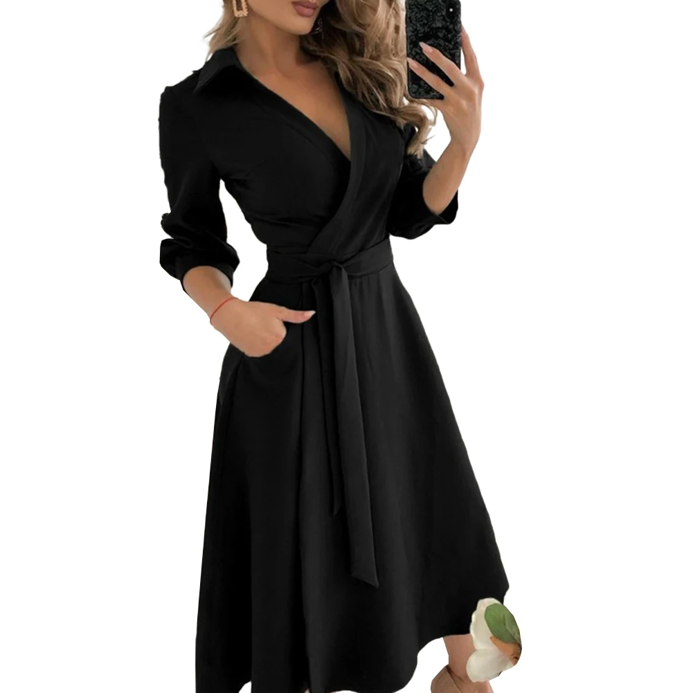 

Clothing Dress Autumn Temperament Commute Daily Up Belted Female V-Neck Floral Womens Wrap Ladies Long Sleeve Midi Slight Strech