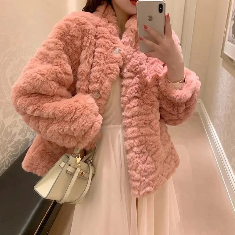 

2023 New Fake Fur Imitation Rex Rabbit Fur Coat Medium Plush Coat Fluffy Furry Women Loose Casual Fashion