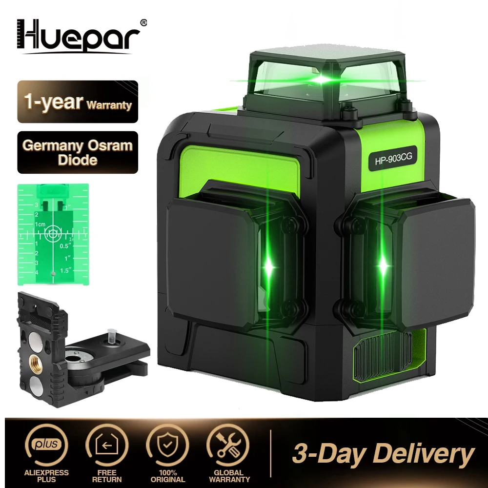 

Huepar 12 Lines 3D Cross Line Laser Level Osram Green Laser Beam Self-Leveling 360 Vertical Horizontal Laser Tools With Base