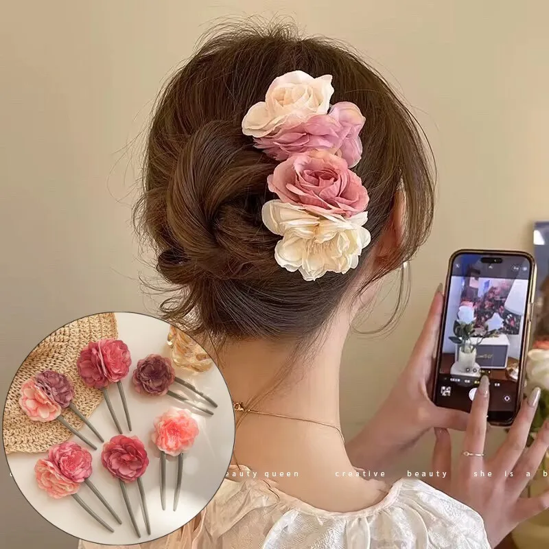 

Pink Rose Blossom U-Shaped Hairpin For Women Flowers Hair Sticks Hair Bun Maker Styling Tool New Chinese Style Hair Accessories