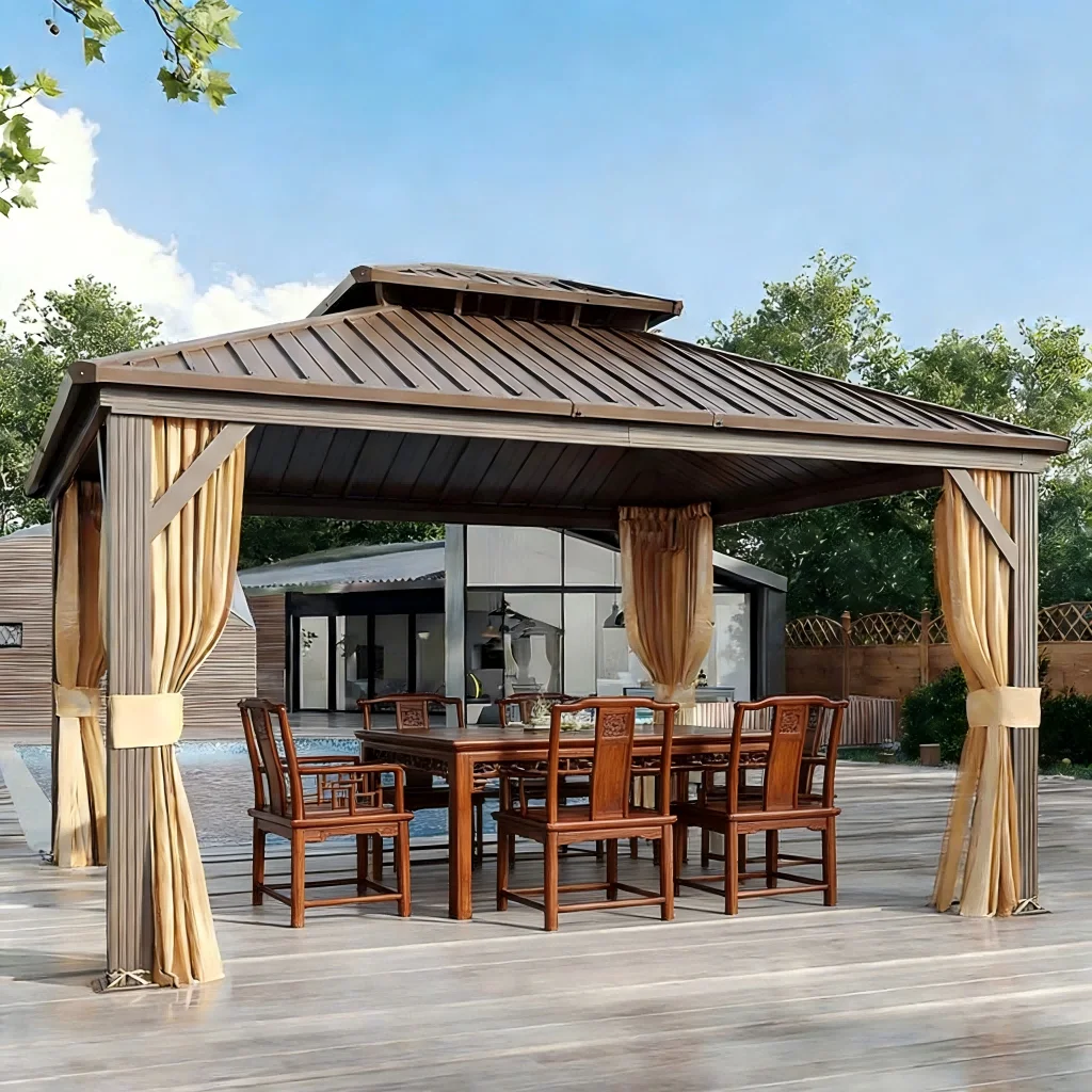 Modern Outdoor Living Hardtop Gazebo Wooden-Coated Aluminum Frame Canopy Patio Deck Furniture Double Roof Easy Installation