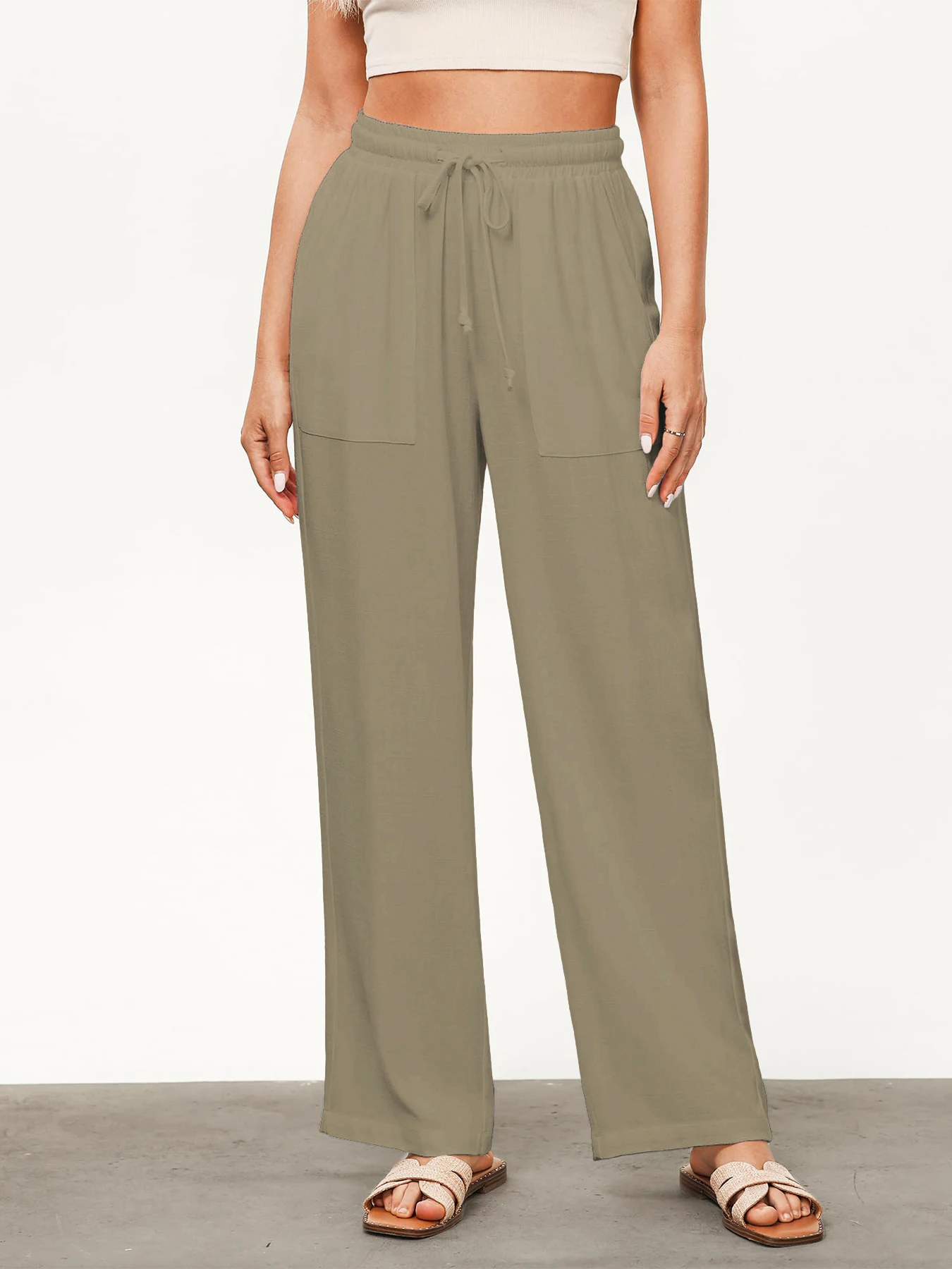 Einfarbige, lockere, weit geschnittene Hose für Damen, lässige, gerade Hose mit Kordelzug, lässige Hose mit Taschen, lockere Hose mit hoher Taille – Detail 21