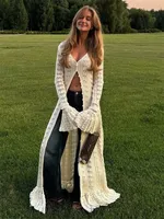 DSMTRC Knitwear Women Spring New Female See-Through Patchwork Holiday Beach Robe Hollow Out Knitwear Loose Maxi Cardigan Dresses
