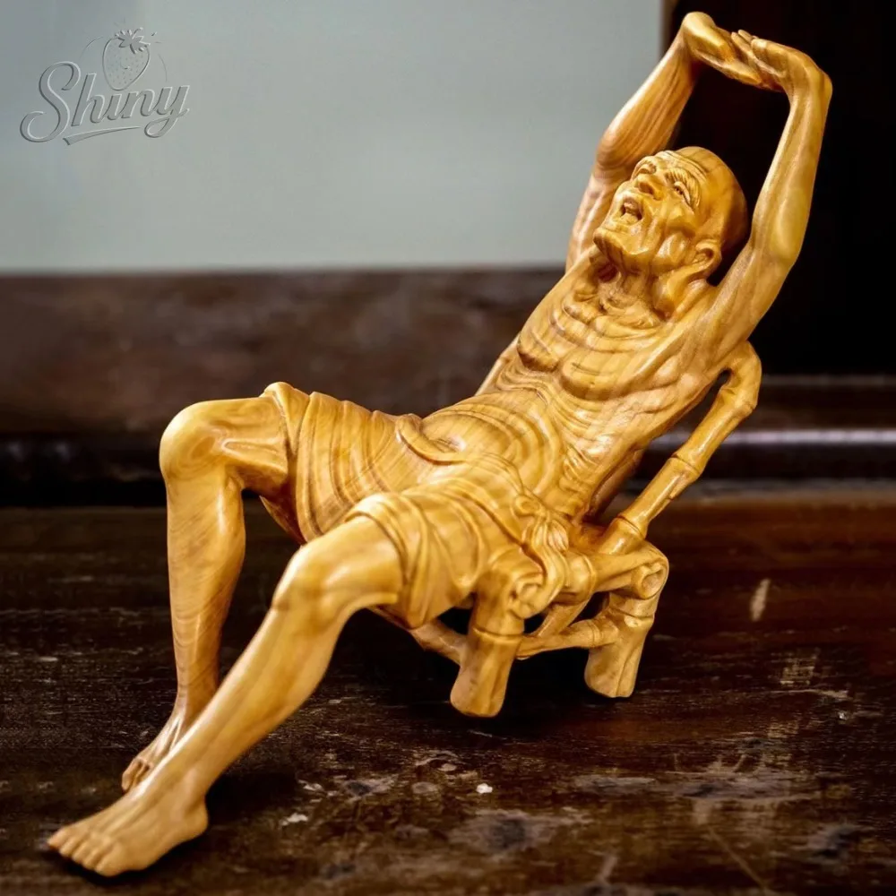 

Cliff Cypress Wood Carving Cushion Chair Luohan Statue Ornaments Comfortable Leisure Sitting Chair Luohan Home Decoration