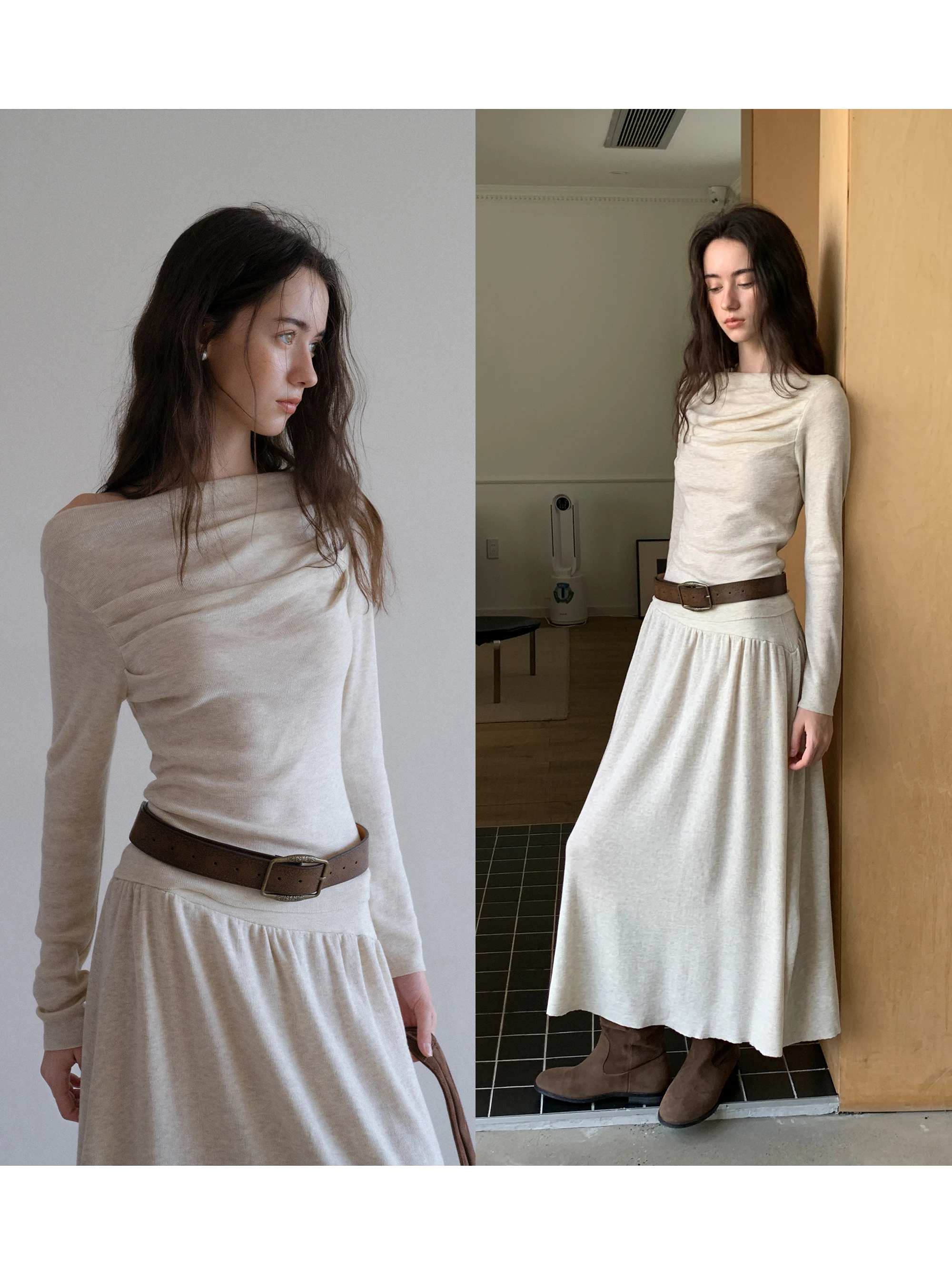 

Женский вязаный комплект Eggka: топ с длинным рукавом и асимметричной юбкой с высокой талией, осенний повседневный свободный модный костюм