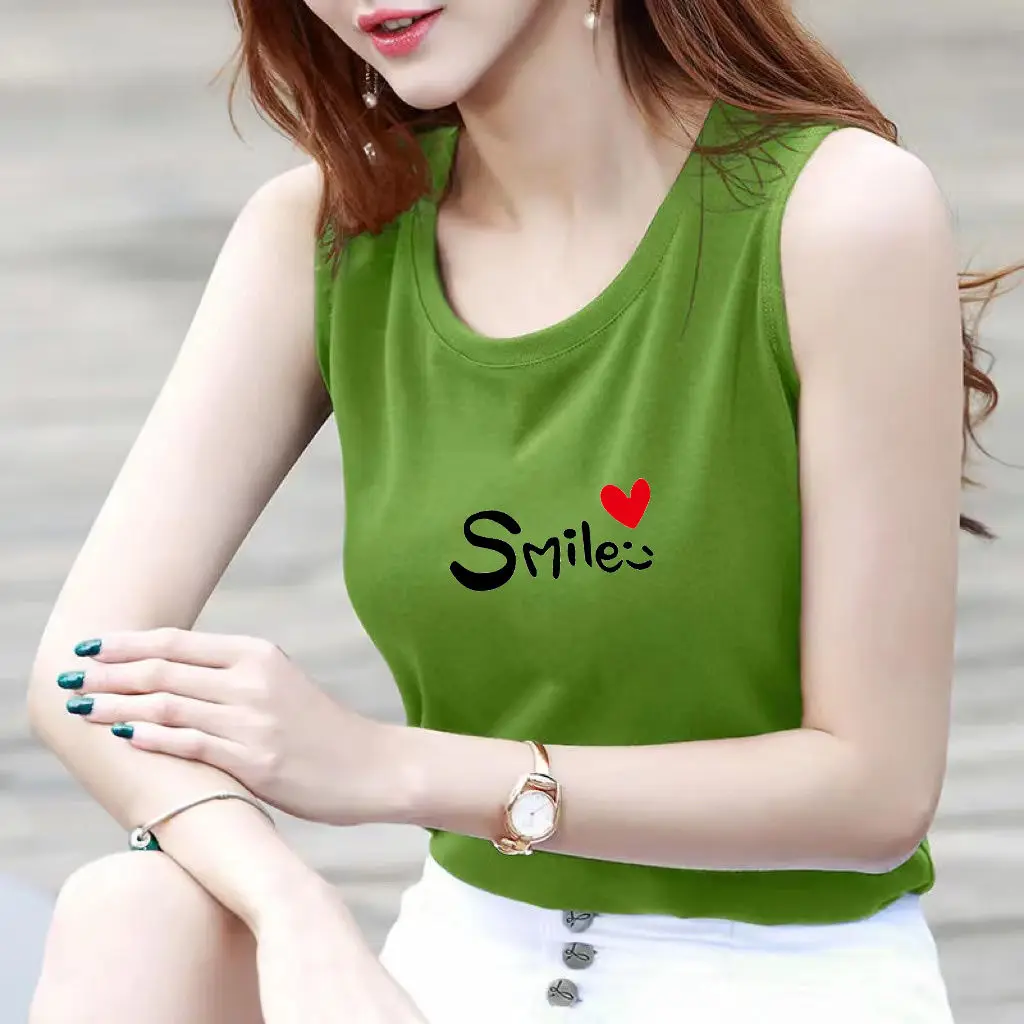 00% Pure Cotton Svel round Ne Printed Loose Tank Top Women's Summer Outerwear Casual Comfortable Korean Sle T-irt
