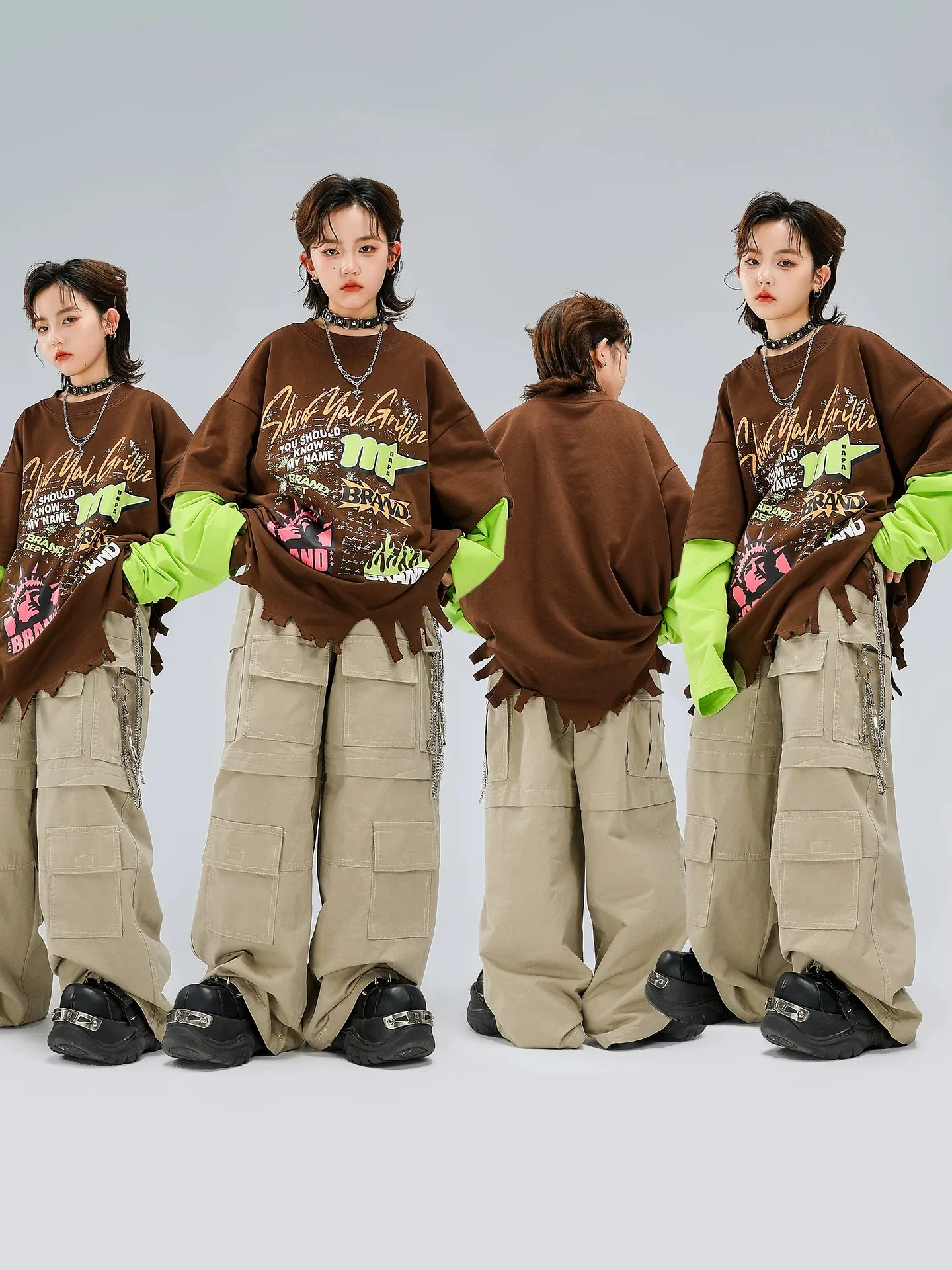 

Children's Street Dance Faionable Outfit Boys' Hip Hop Fake Two-Piece Sweatirt Stage Performance Set Trendy Street Sle
