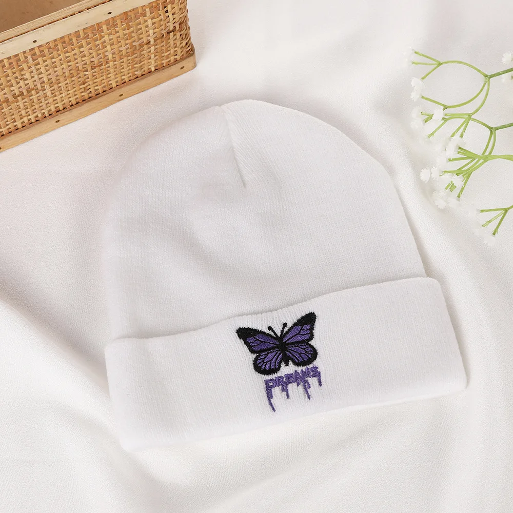 Stylish butterfly embroidered knitted hat Alphabet multicolor premium embroidered hat knitted winter warm woolen hat