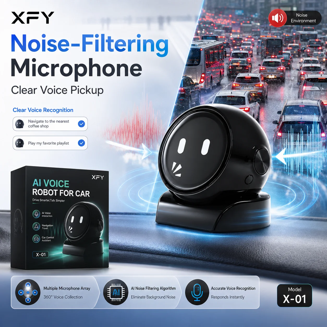 

XFY X-01 Smart AI Voice Robot for Car Hands-Free Driving Assistant Voice Navigation Music Control Phone Calls Weather News Chat