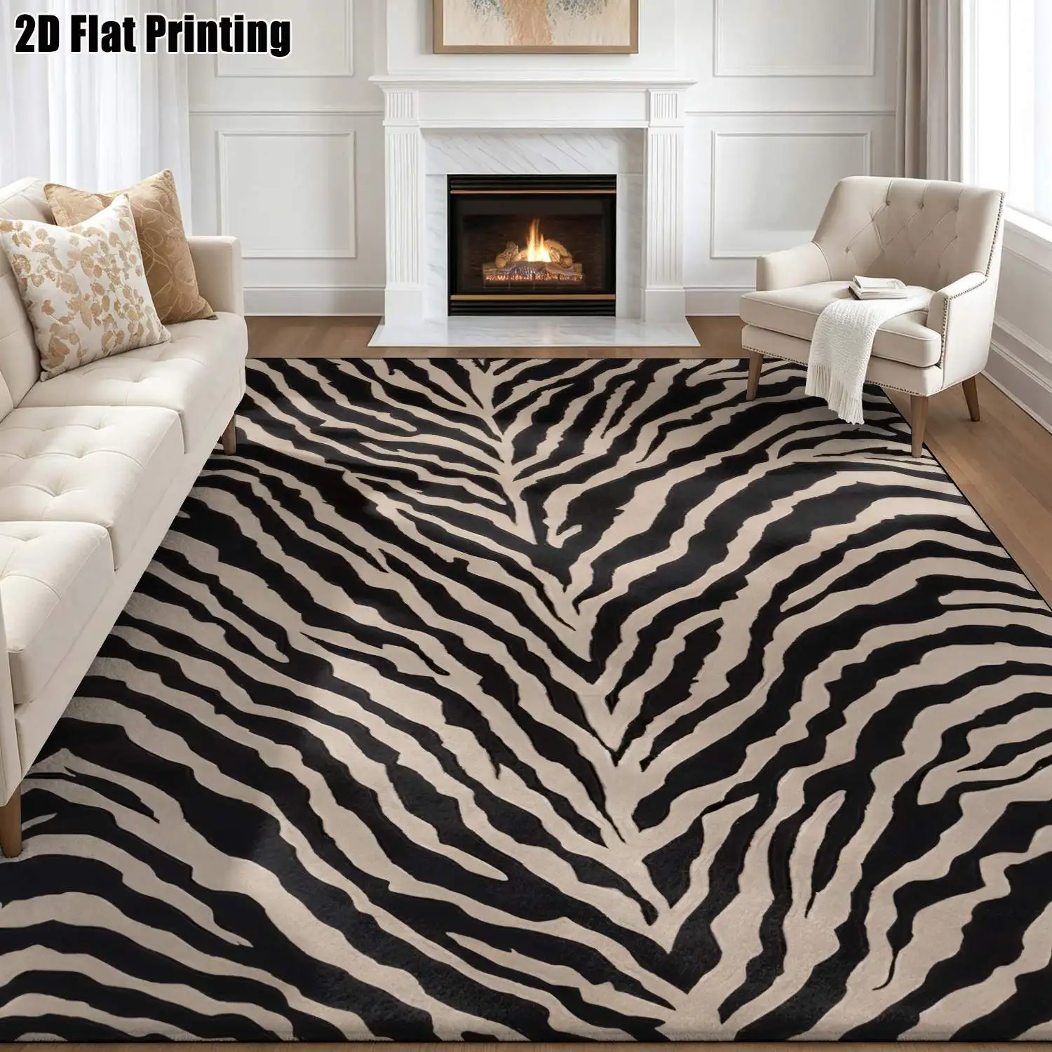 1Pc 2D Printed Carpet: Black Base with White Zebra Stripes, Modern Minimalist Nordic/Instagram Style, Home Decor Floor Mat, Multiple Sizes, Machine Washable, Suitable for Entrance, Living Room, Bedroom, Dining Room, Foyer