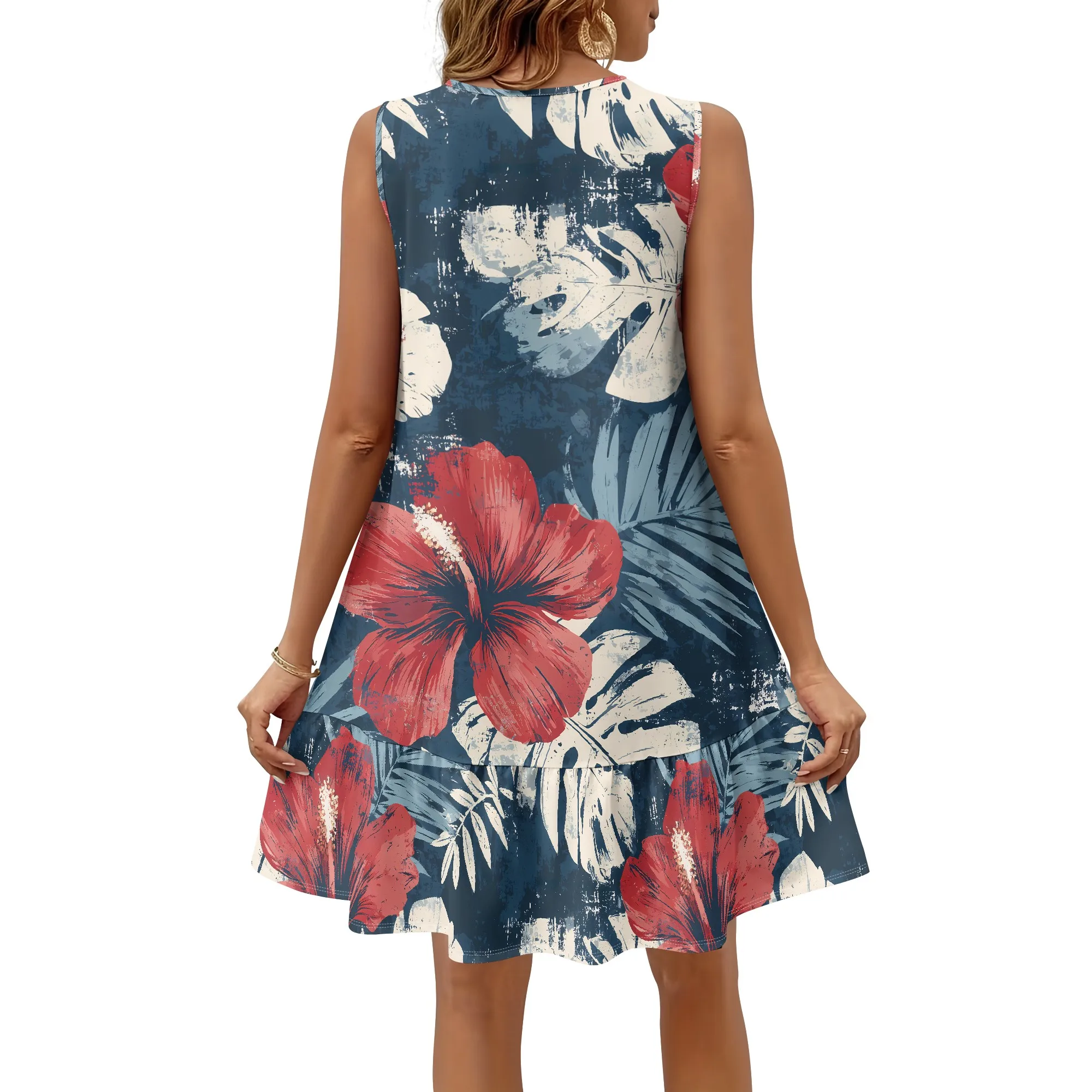 Sleeveless Floral Print Dress, Red Hibiscus Tropical Leaf Pattern, A-Line Swing Summer Beach Vacation Dress for Women, S-2XL