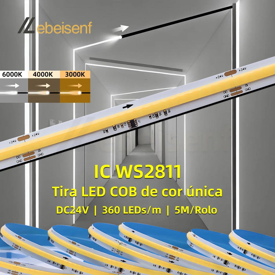 Fita LED COB WS2811 de 5m RA90 DC24V 360 LEDs, Luz Endereçável com Efeito Flutuante, Flexível de Boa Qualidade, 3000K/4000K/6000K, para Decoração Casa, Iluminação Quarto e Sala