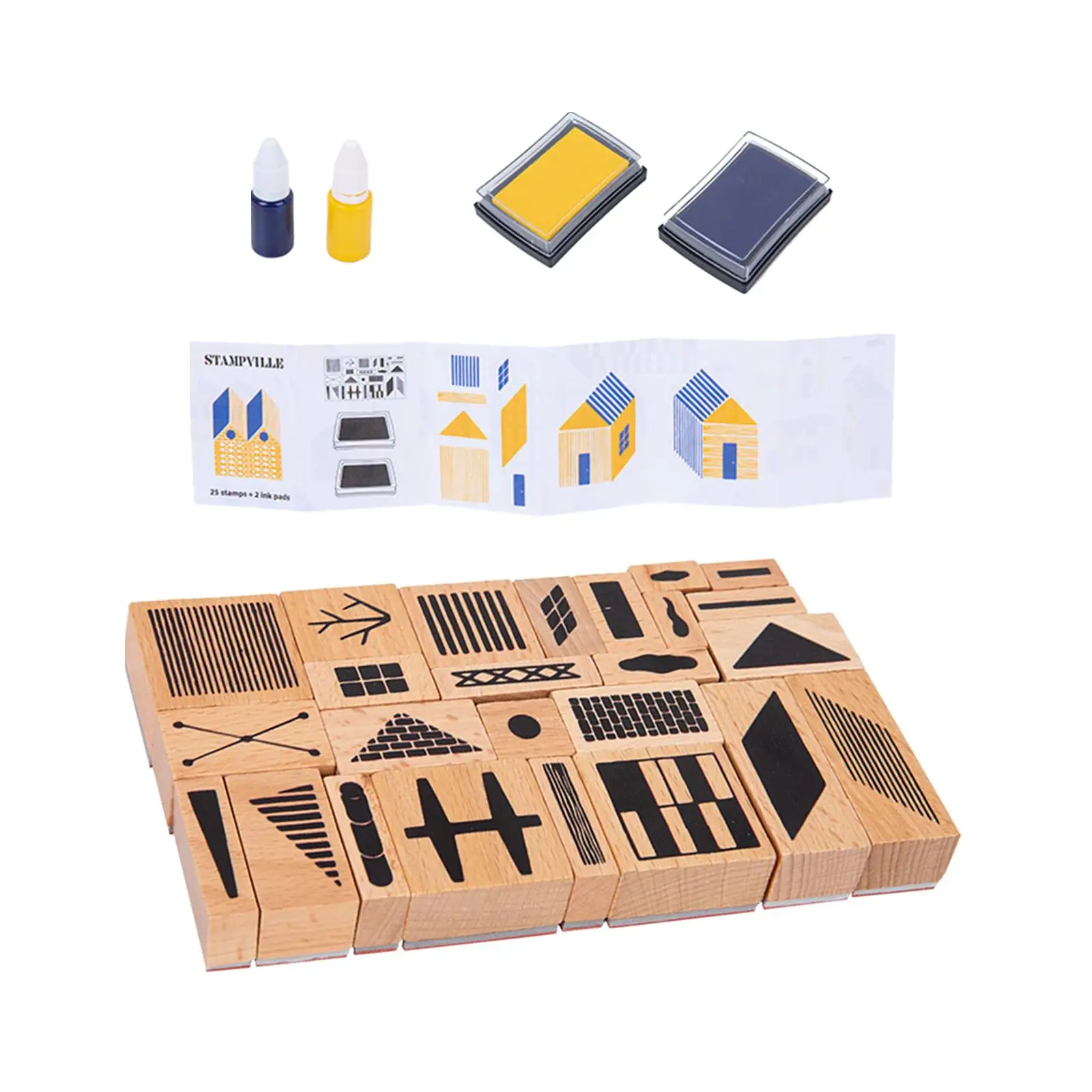 Town Themed Wood Stamp Set DIY Crafts with Ink Pad ,Educational Fine Motor Skill Sensory Toy for Children