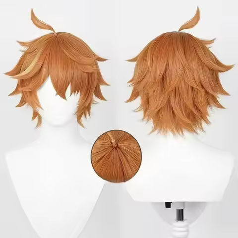 Tartaglia Cosplay Wig Short Orange Wig with Bangs Anime Orange Spiky Layered Wigs for Halloween Costume Party