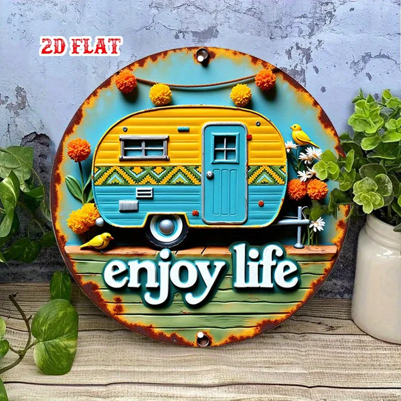 2D Flat,Camping Vibes Metal, Caravan Lifestyle  Adventure Rustic Metal Wall Art,Wall Decor Signs for Home, Garage, Dining Room