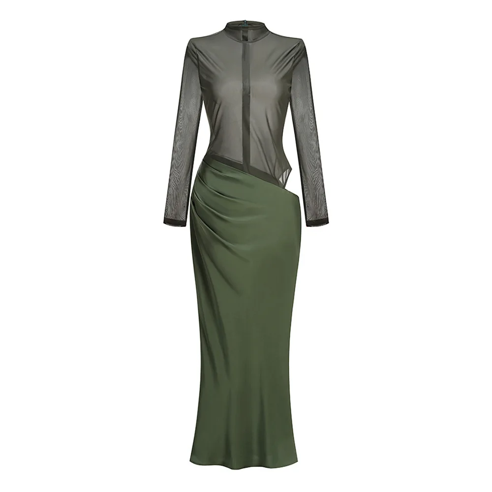 

Винтажное платье с воротником-стойкой из прозрачной сетки с длинными рукавами, модное атласное платье с драпировкой и высоким разрезом для гостей на свадьбу, дня рождения или вечеринку