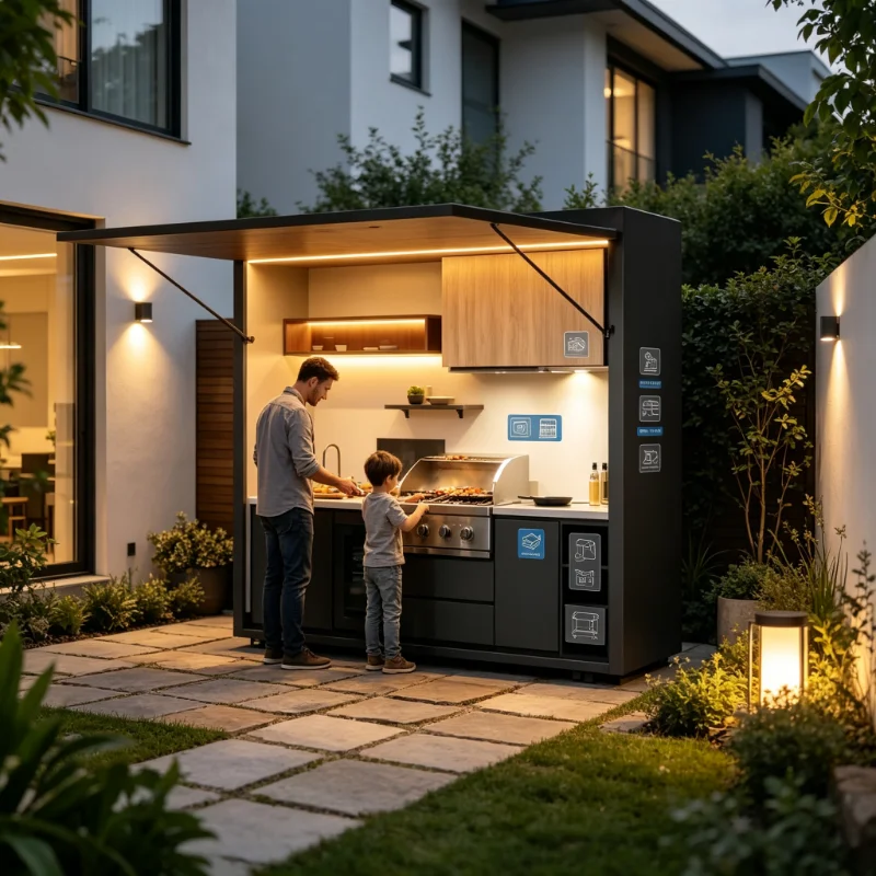 Stainless Steel Gas Grill, Mobile Compact Folding Outdoor BBQ Kitchen with Fireproof Cabinet for Home