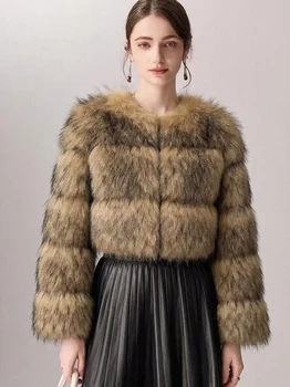 ZADORIN High Quality Cropped Faux Raccoon Fur Coat Woman Winter Fashion O Neck Long Sleeve Fluffy Short Faux Fur Jacket Crop Top