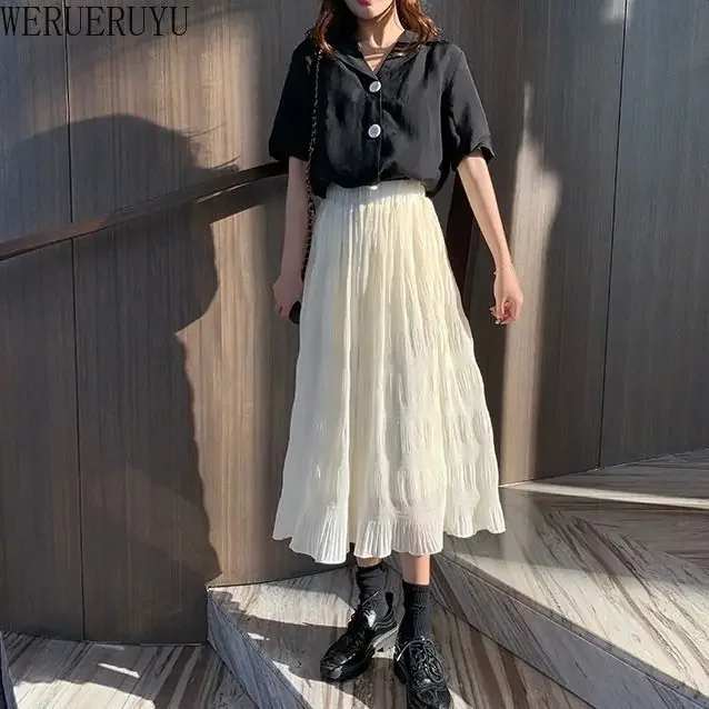 WERUERUYU  Black Long Skirt Women Stretch High Waist Solid Chiffon A-Line Skirt Casual Pleated midi Skirt Faldas Saias