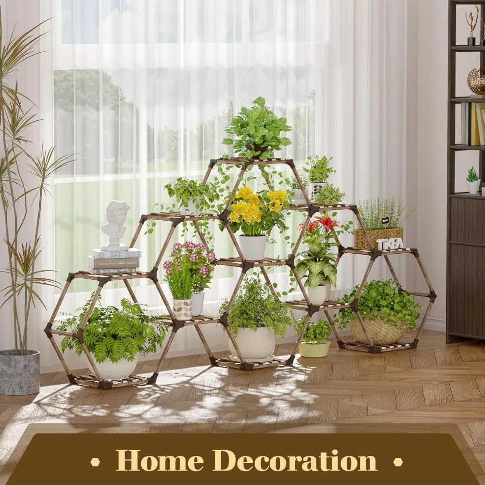 Tikea Plant Stand Indoor Hexagonal Plant Stand Multiple Plants Indoor Outdoor Large Wooden Plant Shelf 11 Tiered Creative DIY