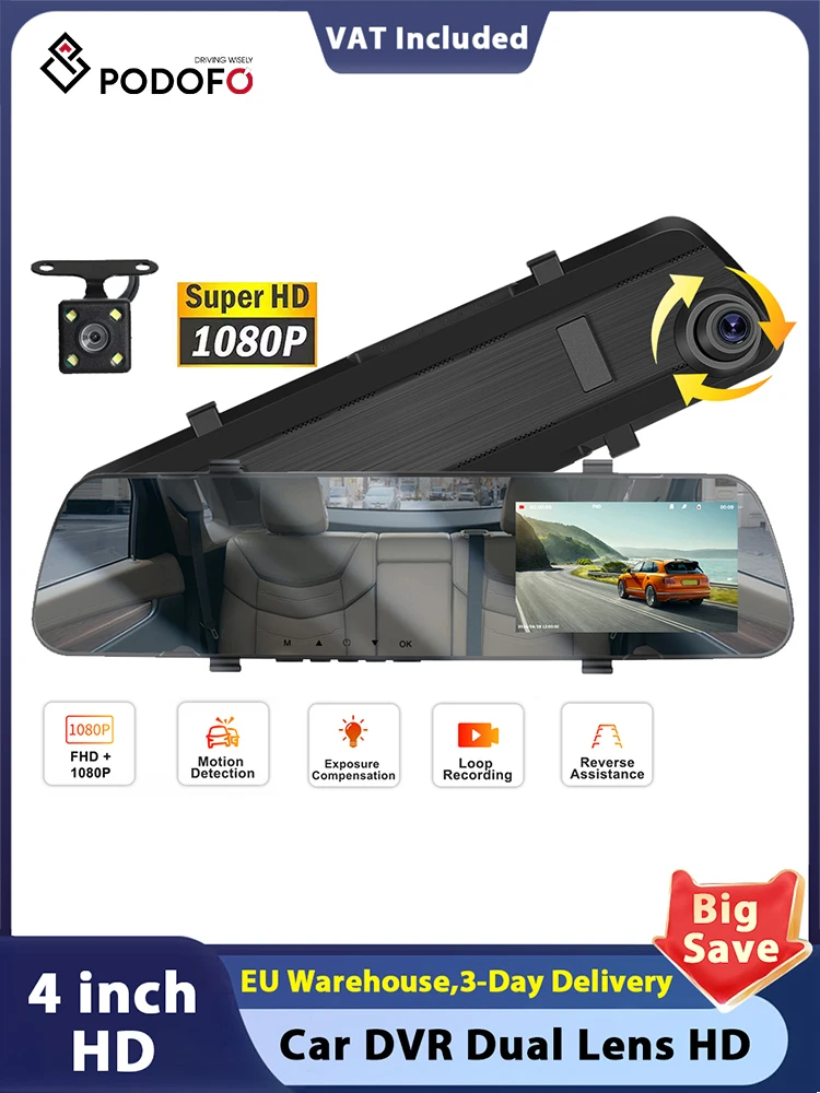 Podofo 4 "voiture DVR double lentille miroir caméra voiture enregistreur avec 480P rétroviseur arrière Dash Cam caméra avant et arrière