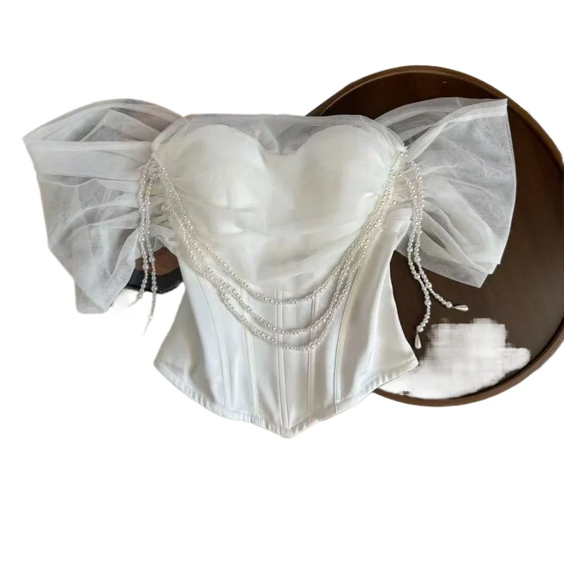 White Heavy Industry Pearl Mesh Stitching Tube Top Women's High-end Sense Slim and Thin Temperament One-word Shoulder Bra Tops