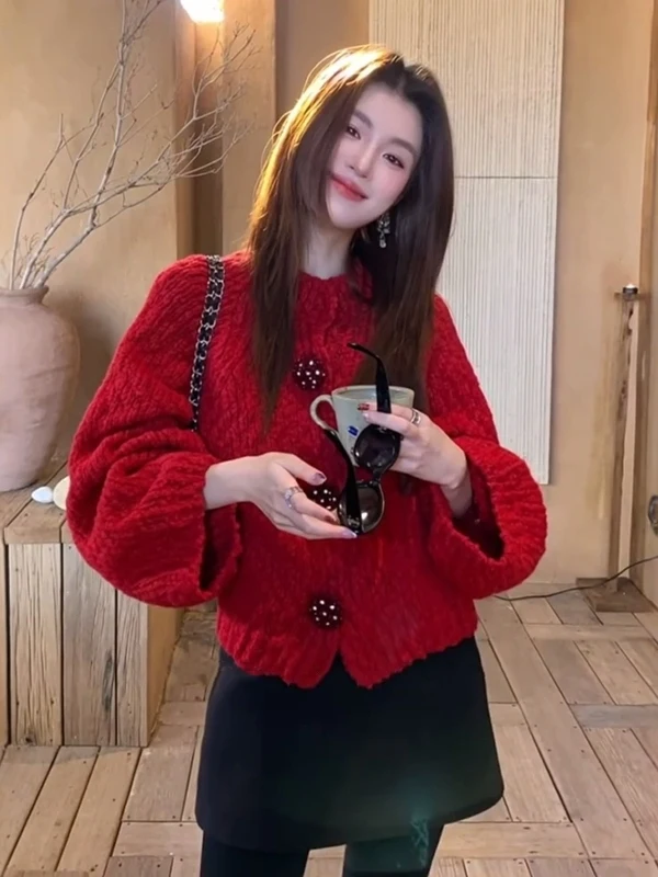 

Cisas Red Knitted Open Cardigan Sweater Women's Autumn Winter Loose Lazy Versatile ort Top Relax Sle Pure E-commerce