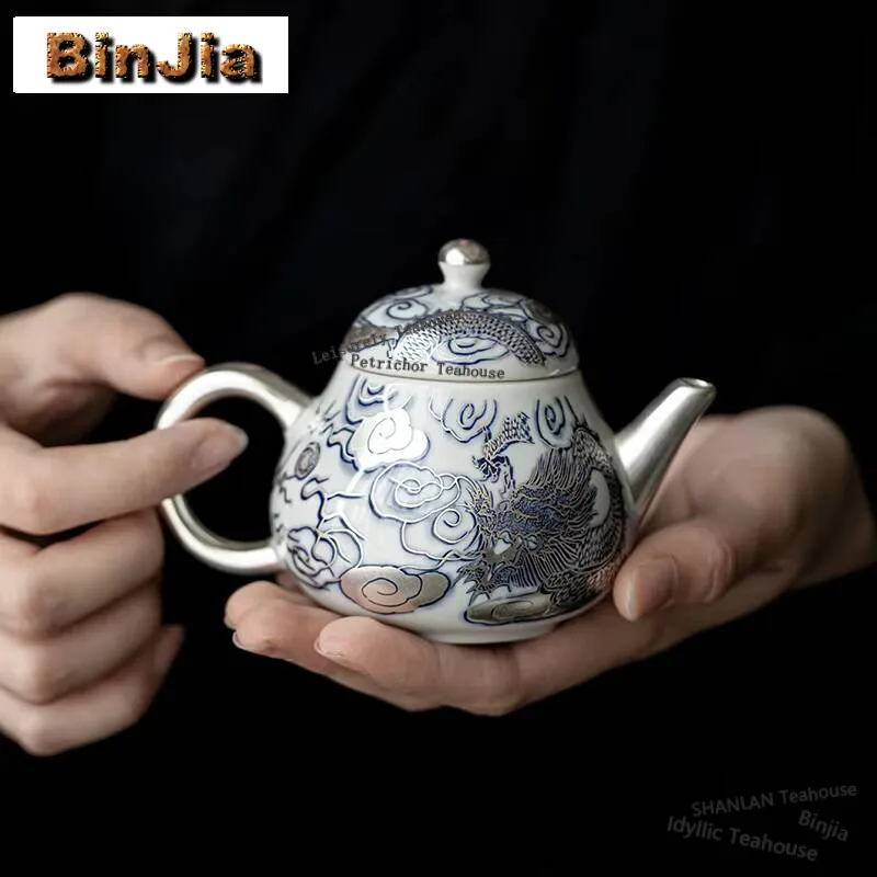 150ml Chinese Dargon Pattern Ceramic Teapot Elegant Pure Silver Gilded Pot Tea Brewing Kettle Chinese Tea Set Decoration Gifts
