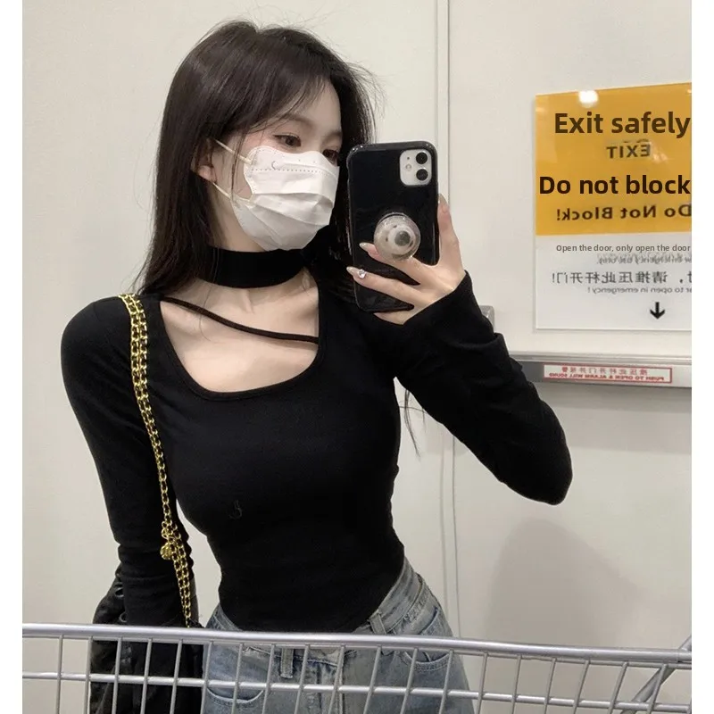 Sexy Girl Design Long Sleeve Neck Hanging Top Women's Slim Fit Base Shirt Pure Desire Autumn Winter New Style Versatile Slimming