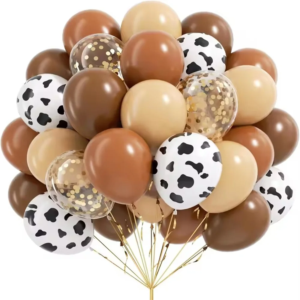 60Pcs/set  Brown Nude Gold Confetti Cow Print Latex Cowboy Balloons for Farm Cowboy Western Birthday Party simple Decorations