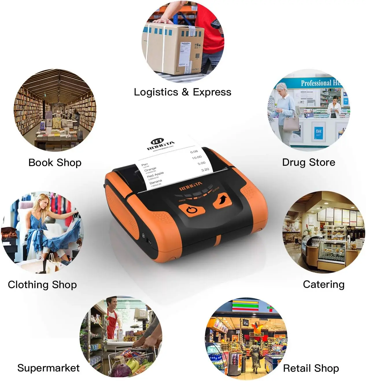 Stampante POS termica portatile da 80 mm, USB e Bluetooth, compatibile con telefoni Android, tablet, computer (RPP300)