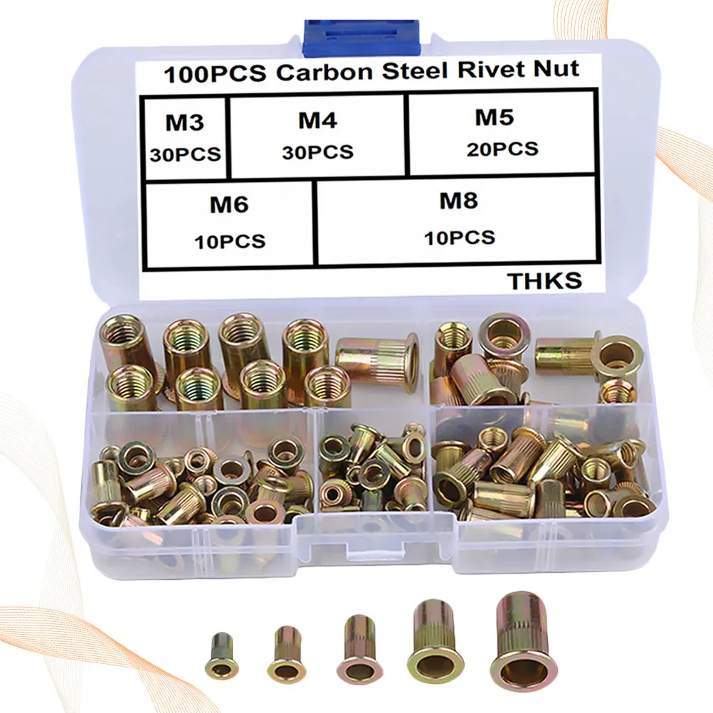 

100 шт. рифленых гаек из углеродистой стали с цинковым покрытием, с вертикальным рифлением, для многоцелевого использования: автомобильная, авиационная, железнодорожная, мебельная, декоративная фурнитура, заклепки