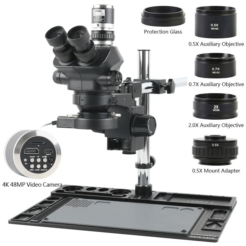 

3.5X-50X 100X Simul-Focal 7050 Stereo Trinocular Microscope 55MP 48MP 24MP 4K 1080P HDMI USB Video Camere Aluminum Workbench