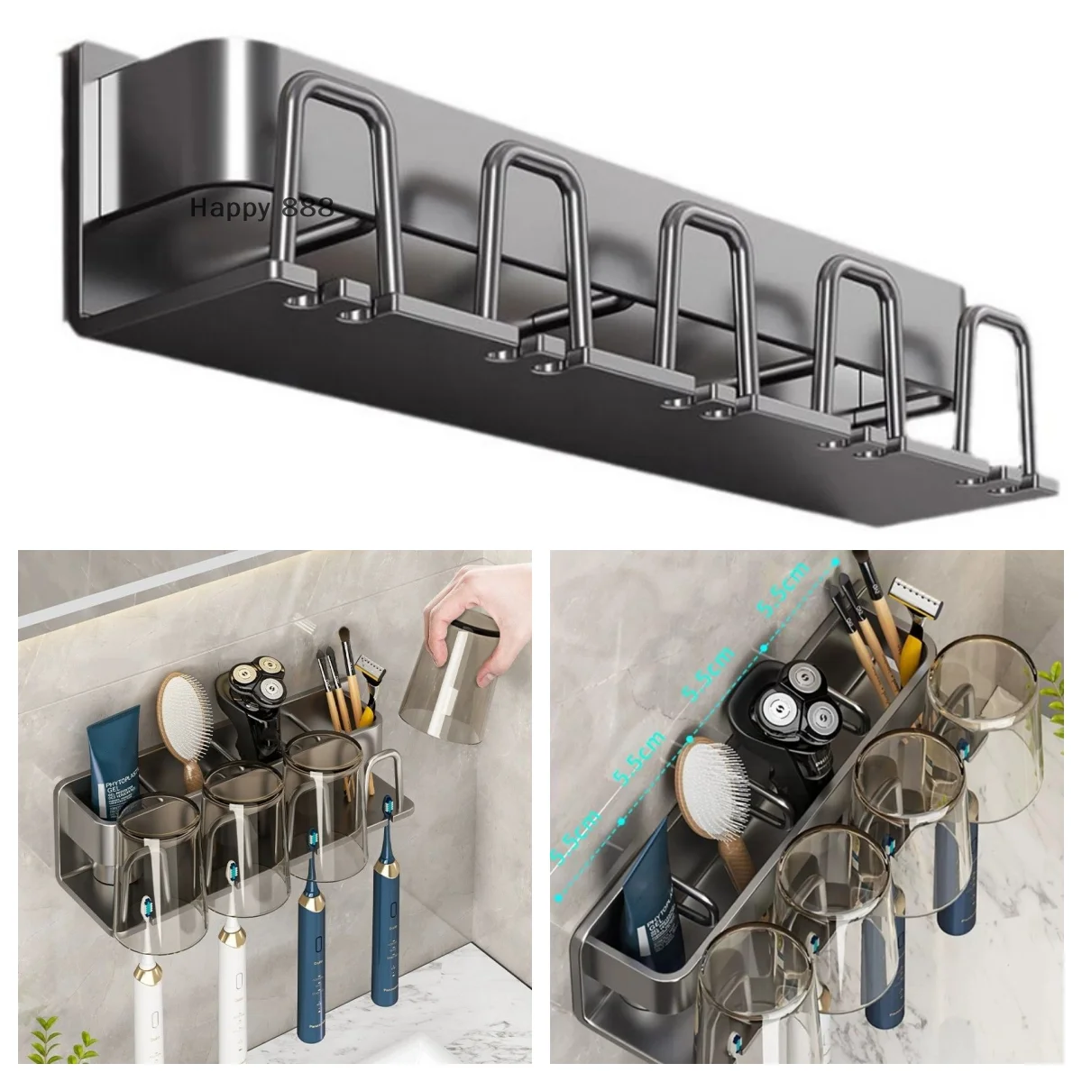 Rack de escova de dentes de metal multifuncional com suporte de pasta de dente, solução de armazenamento de banheiro de parede sem perfuração