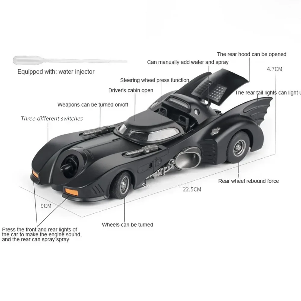 1:24 Scale Batmobile Toy Car Model Alloy Diecst Sound Light Spray Miniature Models Cars Toys for Boys Decoration Birthday Gifts