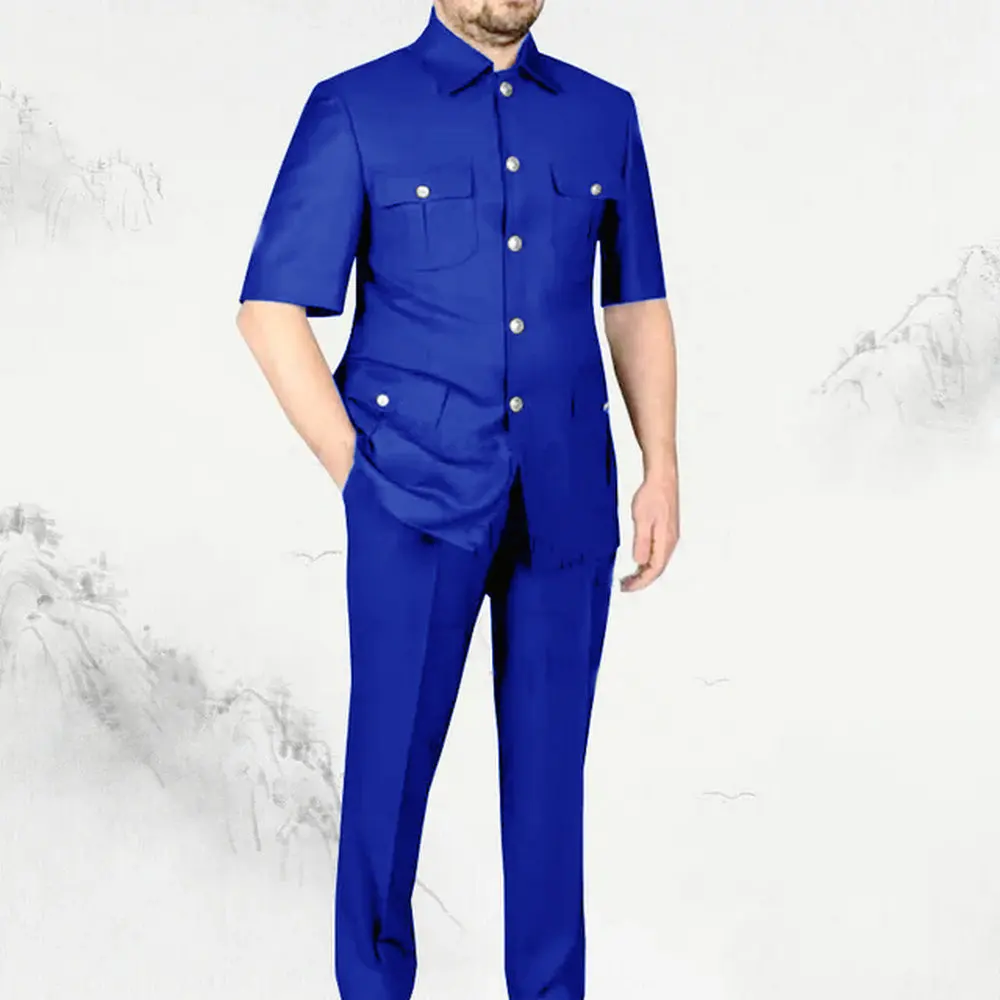 

Short Sleeves Royal Blue Suits For Men Fashion Best Man Stand Collar Business Party Groom Wedding Costume Blazer Pants Sets