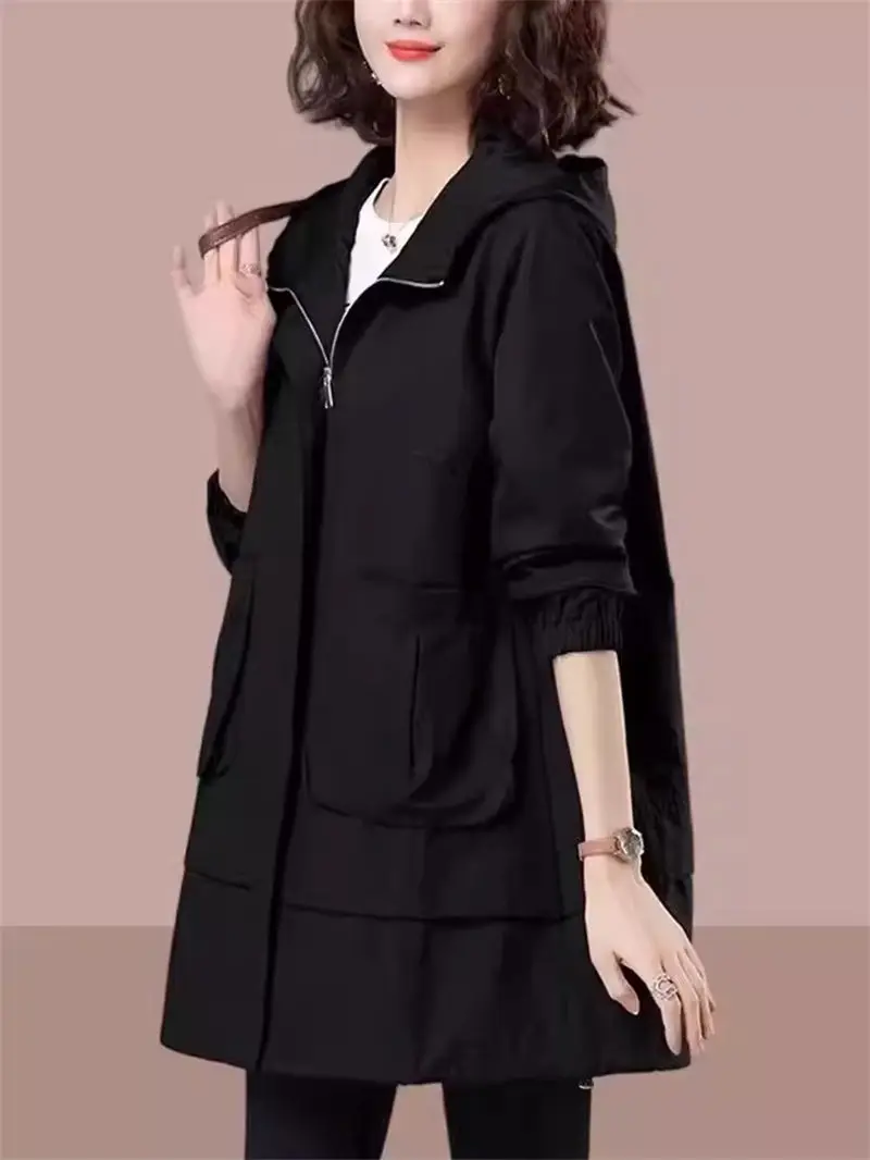 Windbreaker Coat Women In Spring And Autumn 2024 New Mid Length Middle-Aged Oversized Mothers Clothing Hooded Jacket K655