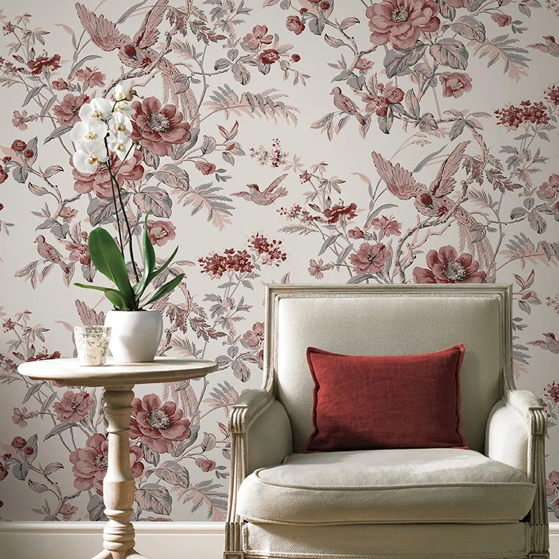 

Red Vintage Birds And Flowers Wallpaper Chinese Floral Wallpaper For Walls Bedroom Living Room Wood Wall Papers Non woven