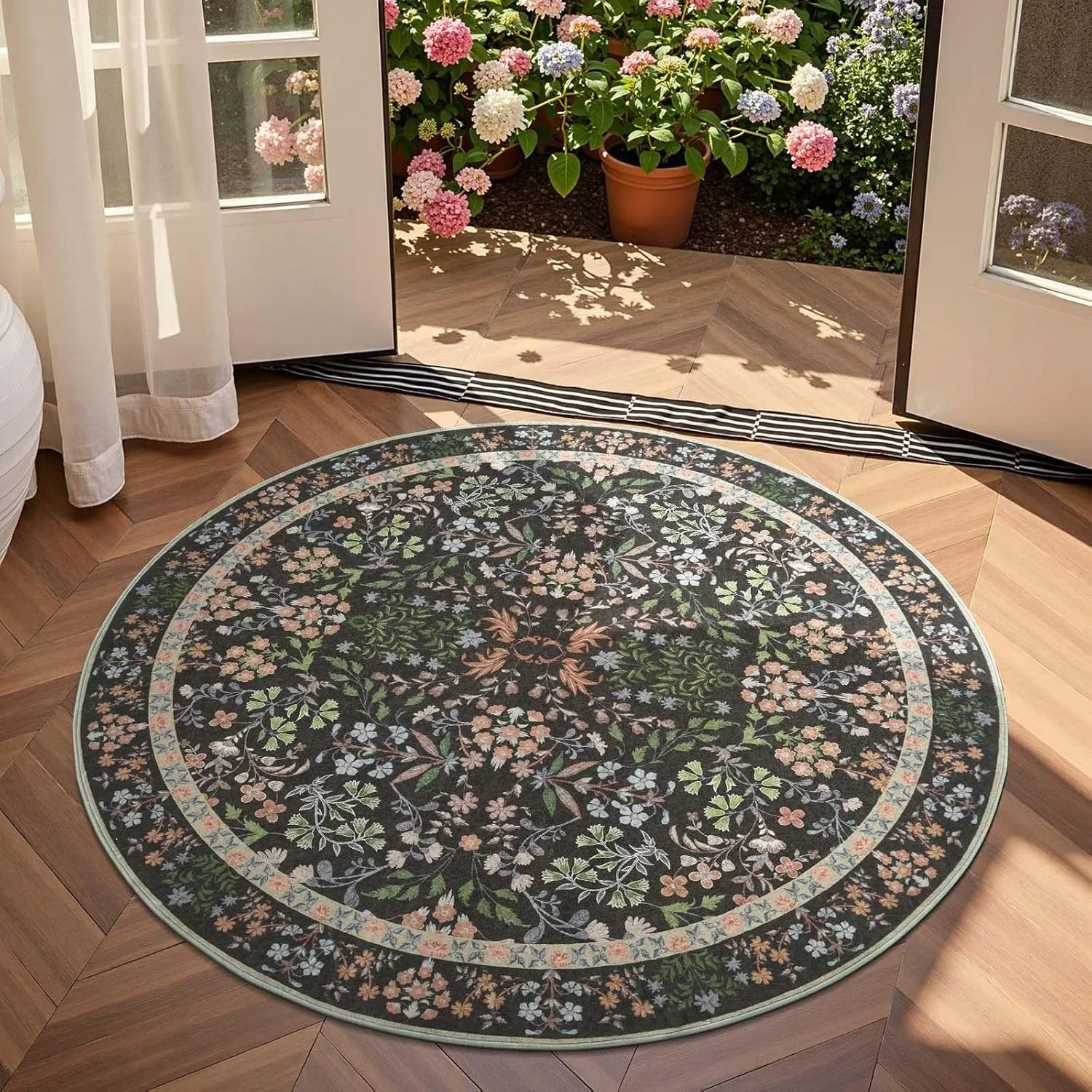 Round Living Room Carpet Green Plant Floral Carpets Bohemia Home Decoration Rug for Bedroom Bedside Floor Mat Christmas Gifts 카펫