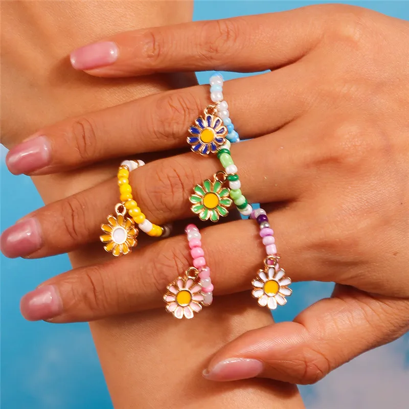 Aihua Korean Colorful Flower Ring Sets Bohemia Handmade Multi Beaded Rice Beads Finger Ring For Women Beach Jewelry Gifts