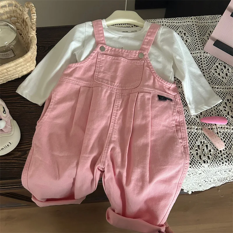 

Children's Clothing2025New Spring Girls Pink Overalls Fashionable Loose Jumpsuit Pants+TT-shirt Two-Piece Set