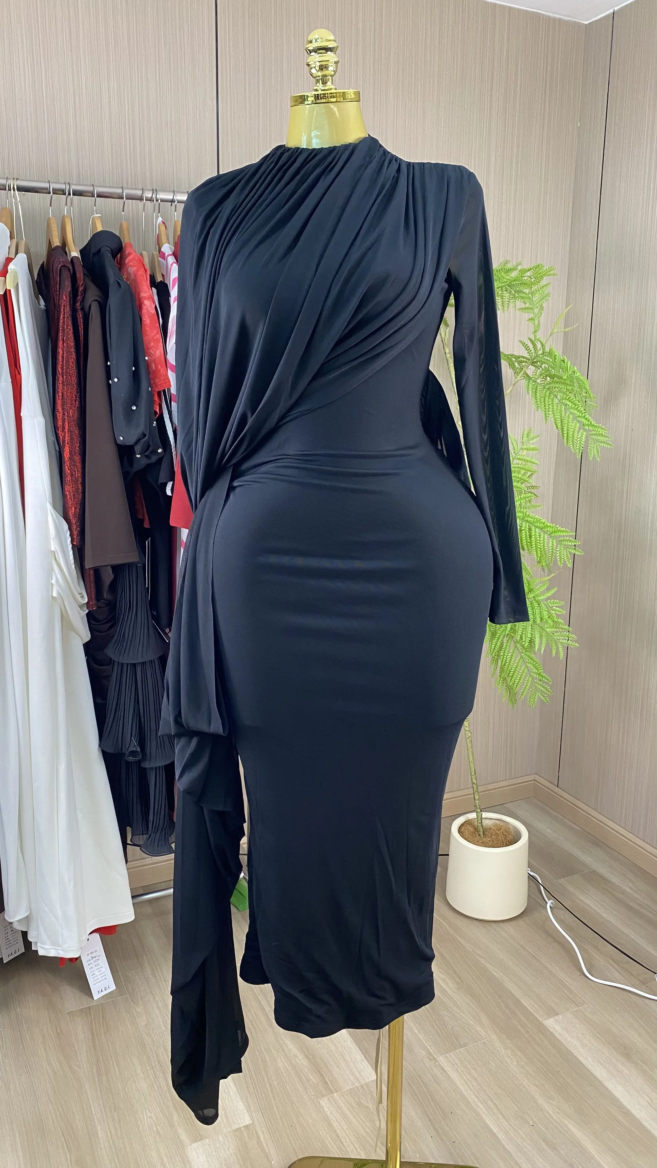 2026 Ramadan Slim-Fit Pleated Knit Dress with Crew Neck and Long Sleeves-GZXX978